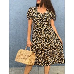 NWT Vintage Retro Style Midi Navy Dress Orange  Flowers Tie Back FitsSize S,M,L